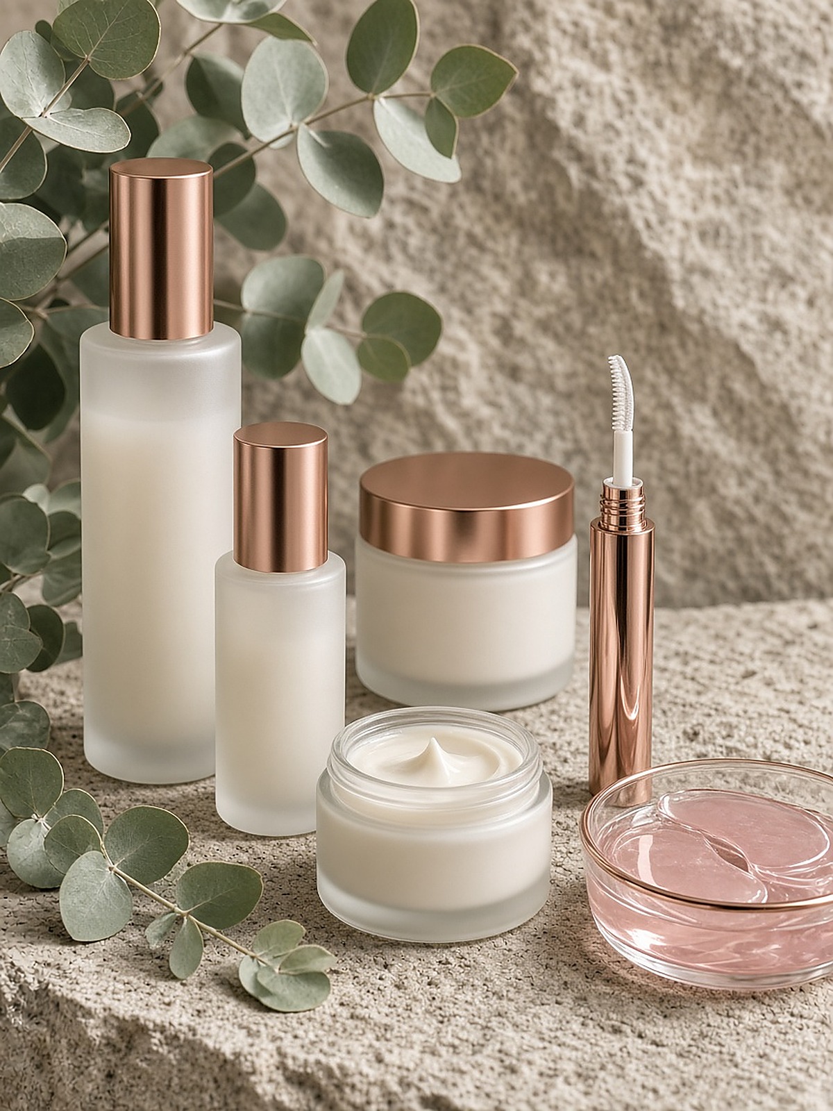 Premium Korean skincare products on stone with botanical accents